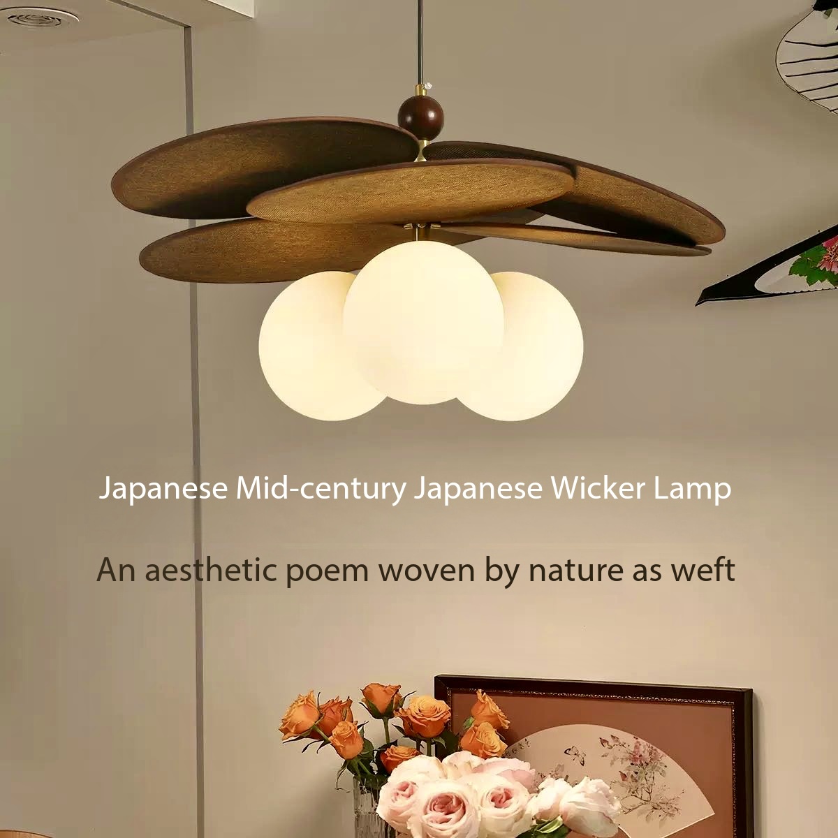 Japanese Lighting Decor - Vintage Rattan Ceiling Chandelier Wabi Sabi