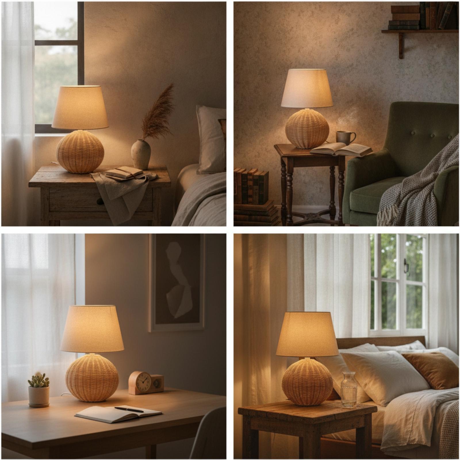 Bedside Lamp Rattan Base Fabri - огляд і ціна Lighting Decor Living Room